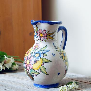 Hand painted floral pitcher / painted flower vase / folk pottery pitcher / boho home decor / vintage floral picher 