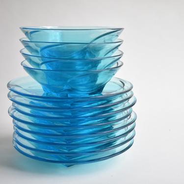 Choice of Bowls or Salad Plates | Hazel Atlas 'Swirl Colonial' | Aqua Teal Azure Capris Blue | Glass Dining Set | Vintage Glass Bowls Plates 