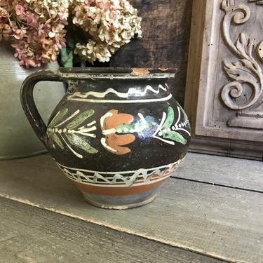 19th C Pottery Jug, Pitcher, Terra Cotta, Floral Pattern, Glazed Pottery, Rustic European Farmhouse, Farm Table 