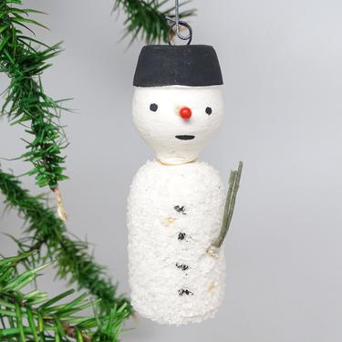 Vintage German Spun Cotton Snowman, Black Top Hat &amp; Twig,  Christmas Tree Ornament 