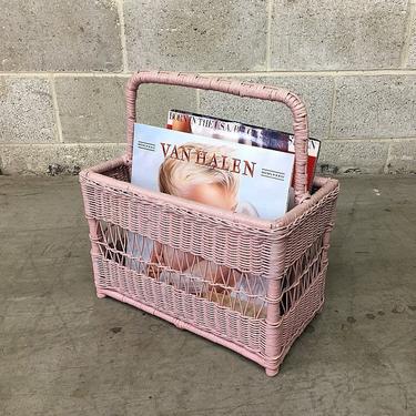 Vintage Record Holder Retro 1980s Bohemian Lilac Wicker Magazine Rack Rectangular Shaped Storage with Top Handle for Living Room Decor 