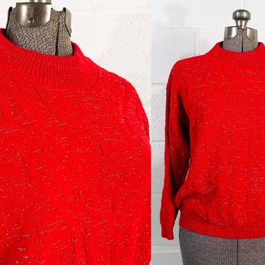 Vintage Sparkly Red Sweater Hipster Slouchy Jumper Retro Metallic Silver Sparkle Knitted Mockneck Arielle Christmas Holiday USA Large Medium 