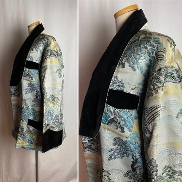 60’s iridescent smoking jacket~ cheongsam Japanese tuxedo type robe~ velvet collar~ piping ~costuming~ pinup rockabilly unisex size XLG 