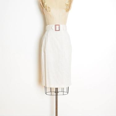 vintage 80s skirt cream beige high waisted slim belted pencil secretary skirt M 