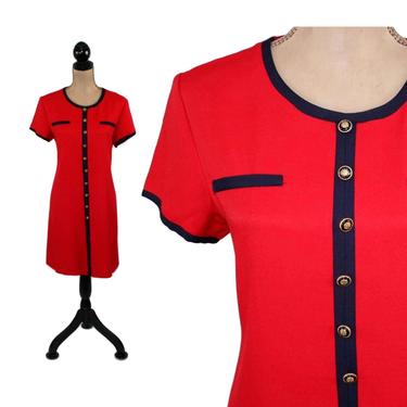 80s Short Sleeve Red Dress Size 14 Women Large Petite Midi Modest Button Front Navy Blue Trim 1980s Clothes Vintage Clothing Jessica Howard 