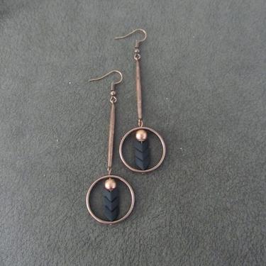 Copper ethnic earrings, geometric earrings, statement earrings, bold earrings, black arrow earrings, modern industrial contemporary earrings 