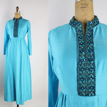 60s Mod Party Turquoise Maxi Dress / Cocktail Dress / Rhinestone Dress / Size S/M 
