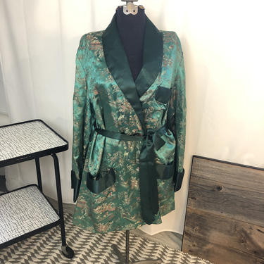 Smoking Jacket Kimono green silk satin robe for him or her 48 OS 