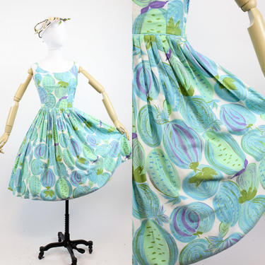 1950s cotton novelty print dress xs | vintage sun dress fruit and veges 