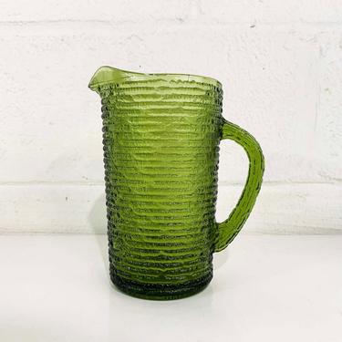 Vintage Green Glass Pitcher Textured Ribbed Forest Deep Iced Tea Lemonade Mid-Century Colorful Home Decor Serving Dinner Party MCM 