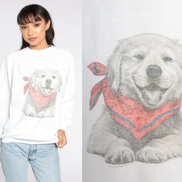Dog Sweatshirt Puppy Shirt 90s Graphic Print Animal Top Sweater Vintage 1990s White Hanes Crewneck Sweatshirt Large L 