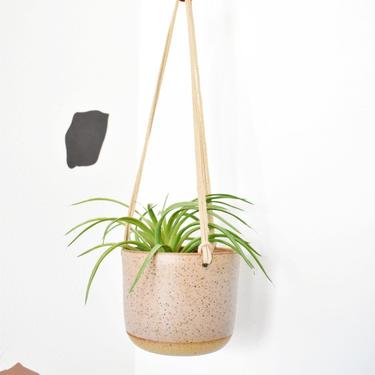 Mini Natural Stoneware and pink hanging planter 
