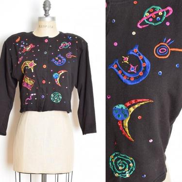 vintage 90s cardigan sweater top black embroidered sequin outer space jumper top 