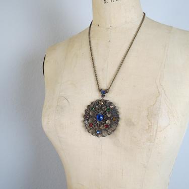 vintage antique 30s 1930s medallion pendant necklace, faceted colored glass stones 