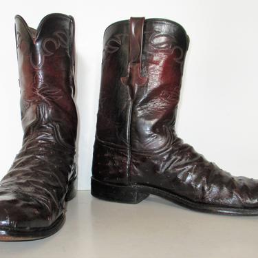 Vintage Lucchese Hand Made Ostrich Cowboy Boots, Black Cherry Leather Ropers, Size 12D Men 