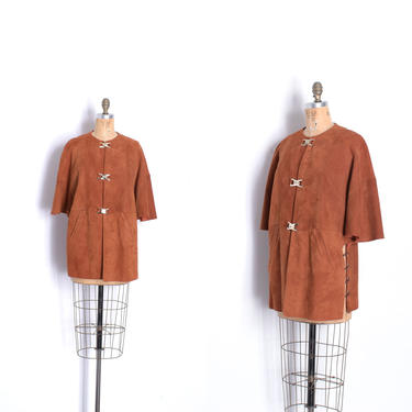 Vintage 1960s Jacket / 60s Suede Lace Up Capelet Coat / Brown ( S M L ) 