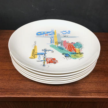 Vintage Santa Anita Ware Cosmopolitan by Charles Cobelle San Francisco California Illustrated Mid-Century Ceramic Art Pottery Plates Set 6 
