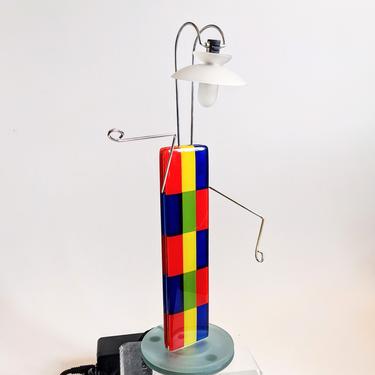 FUSED GLASS LAMP 16in 2001 Rare Abstract Body Primary Color Rectangle Mosaic Wire Arms White Shade Bulb Head Whimsey Memphis Post Modern Ex 