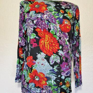 Vintage 1980s Beaded Silk Top, Medium Women, black multicolor floral print, sequins beads, long sleeves 