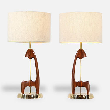 Mid-Century Modern Sculpted Walnut & Brass Table Lamps