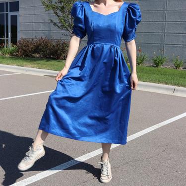 Vintage Puff Sleeve Satin Dress / 80's Blue Sweetheart Formal S/M 