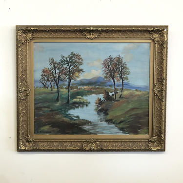 Vintage mid century modern signed framed landscape painting 