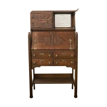 Antique Oak Secretary Desk with Cabinet & Mirrored Shelf