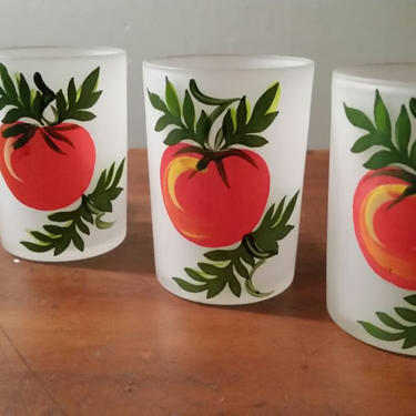 Hand Painted Tomato Juice Glasses Set of 4 1960s Midcentury Modern 