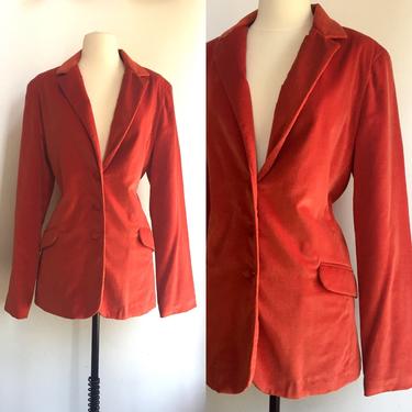 Vintage 70’s TALL GIRLS California VELVET Blazer Jacket / Boho Burnt Orange / Covered Buttons + Lined 