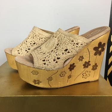 sbicca california, 1990s platforms, wood wedges, vintage sandals, crochet shoes, size 6, bohemian, hippie shoes, carved flowers, sky high 