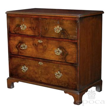 a richly-colored antique george II style burl-walnut bachelors chest originally sold through Harvey Nichols, London