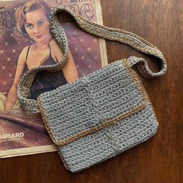 Vintage Silver and Gold Crochet Purse Made in France Boho Hippie Shoulder Bag 