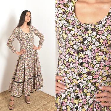 Vintage 1970s Dress / 70s Dark Floral Cotton Peasant Dress / Black Pink ( small S ) 