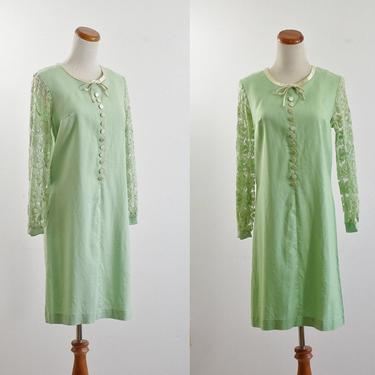 Vintage Lace Sleeve Dress, 60s Mod Dress, Womens Green Shift Dress, Long Sleeve Minidress, Medium 