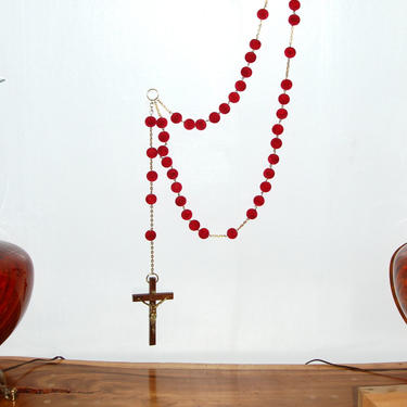 Fabulous 67 inch Catholic Wall / Altar Rosary w/ 59 one inch Red Velvet Beads & beautiful Rosewood Crucifix  w/ a Cast Brass Jesus 