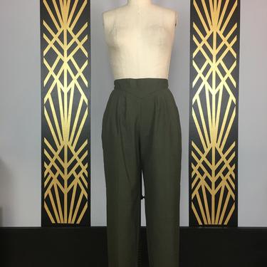 1980s cigarette pants, vintage pants, pleated trousers, small, high waisted, yoked waist, 27, olive green, minimalist style, slim, ankle 