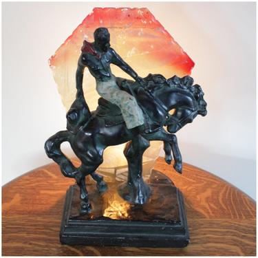 A1701 Antique Novelty Cowboy Lamp, Chalkware Bucking Bronco Table Lamp from 1920's - 1930's 