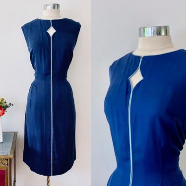 1970s Peck &amp; Peck Vintage Blue Sleeveless Silk Dress / Vintage Keyhole Dress / Large US Size 12 