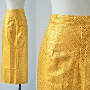 Vintage GOLD METALLIC High Waist Long Pencil Skirt, India Skirt, Maxi, Ethnic Skirt, Long Skirt, Bright Shimmer Sparkle Diamond Pattern 