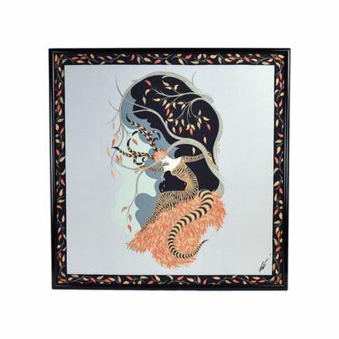 Vintage Erte “Tiger Lily” Art Deco Framed Silk Scarf 
