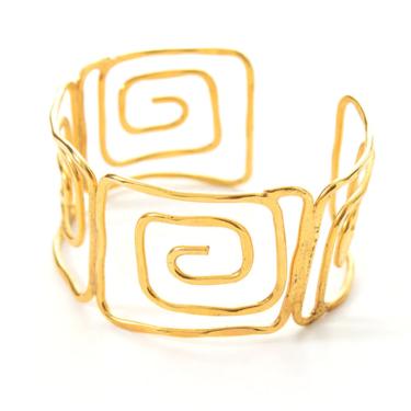 Vintage 1970s Cuff Bracelet | 70s Grecian Greek Geometric Gold Tone Metal Adjustable Arm Band 