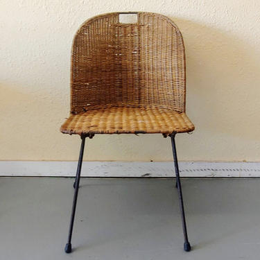 Vintage Modern Salterini Style Wicker and Wrought Iron Side Chair 