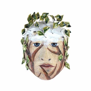 Peggy Bjerkan Art Pottery Mask Face Sculpture w Tree Limbs Leaves Hamadryad 