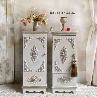 Old World White French Country Vintage Reproduction Bedside Tables | Cream and Gold Nightstands 