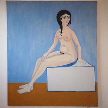 Original Thomas M. BARNETT ABSTRACT PAINTING 50x43&amp;quot; Large Nude Woman Portrait Contemporary Surrealist Mid-Century Modern Art blue eames era 