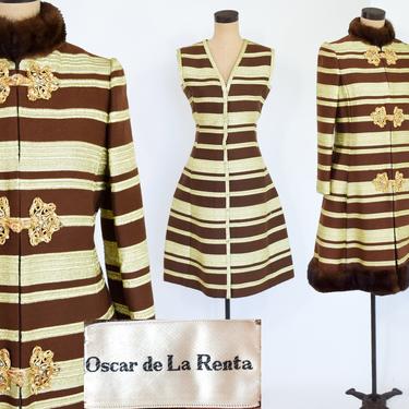1960s Brown Gold Stripe Dress & Coat Set | 60s Gold Metallic Stripe Dress Set | Jackie O | Oscar de la Renta | Medium 