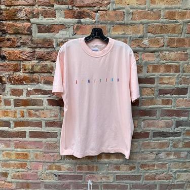 Vintage 90s United Colors of Benetton Spell Out T-Shirt Size XL pink single stitch rainbow embroidered pastel powder 