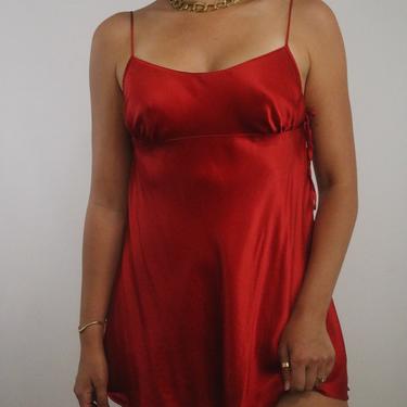 Vintage Silk Victoria's Secret Slip Dress - Cherry Red Pure Charmeuse Silk Mini Slip Dress - Adjustable Straps - Side Ties - S/M 