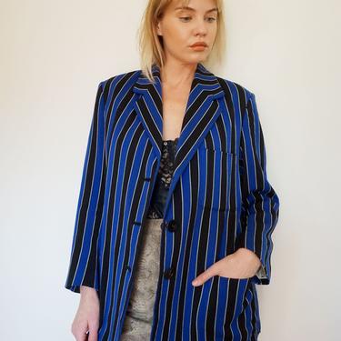 1970s Handmade Blue and Black Striped Wool Blazer with Pockets 