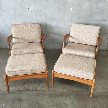Pair of Mid Century Dux Folke Ohlsson Lounge Chairs with Ottoman